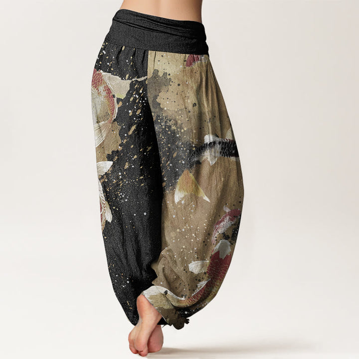 Buddha Stones Pure Cotton Casual Koi Fish Gold Ink Background Pattern Women's Elastic Waist Harem Pants