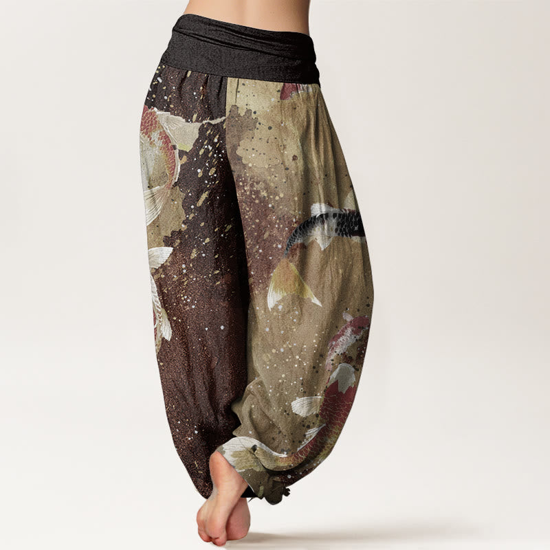 Buddha Stones Pure Cotton Casual Koi Fish Gold Ink Background Pattern Women's Elastic Waist Harem Pants