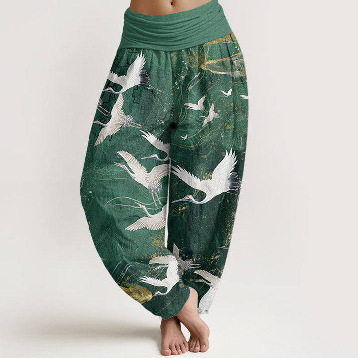Buddha Stones Pure Cotton Flying White Cranes Auspicious Clouds Design Women's Elastic Waist Harem Pants