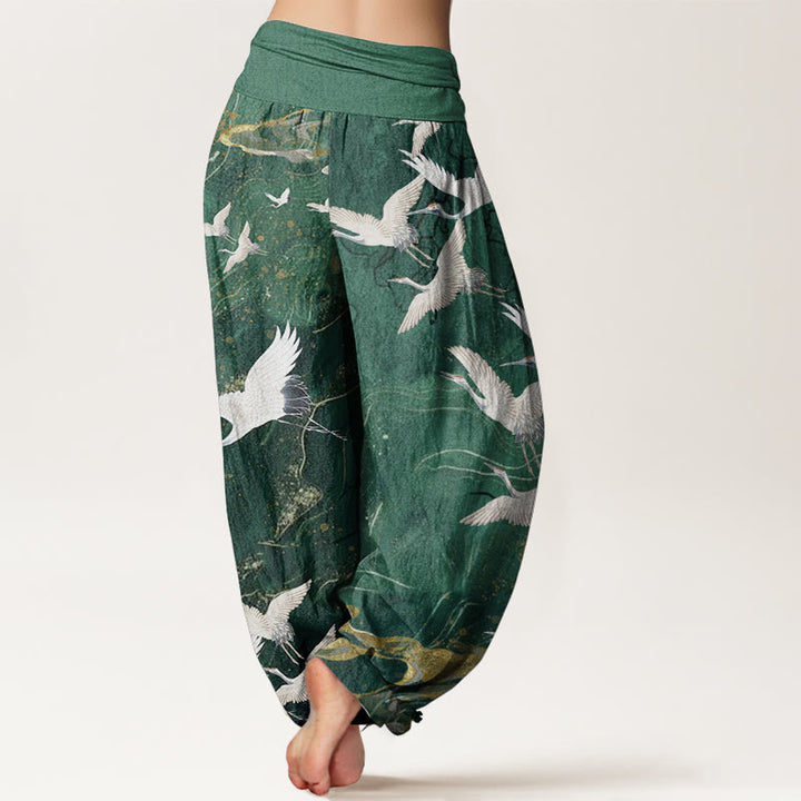 Buddha Stones Pure Cotton Flying White Cranes Auspicious Clouds Design Women's Elastic Waist Harem Pants