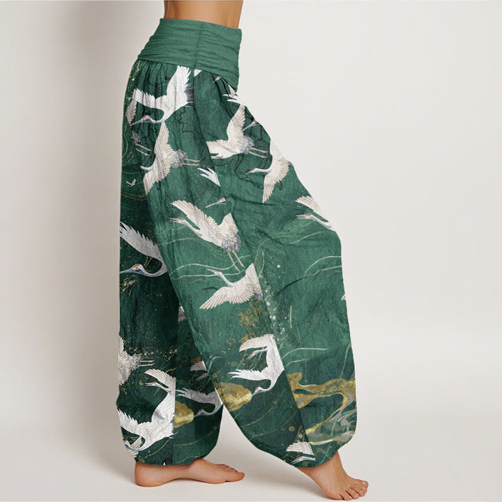 Buddha Stones Pure Cotton Flying White Cranes Auspicious Clouds Design Women's Elastic Waist Harem Pants