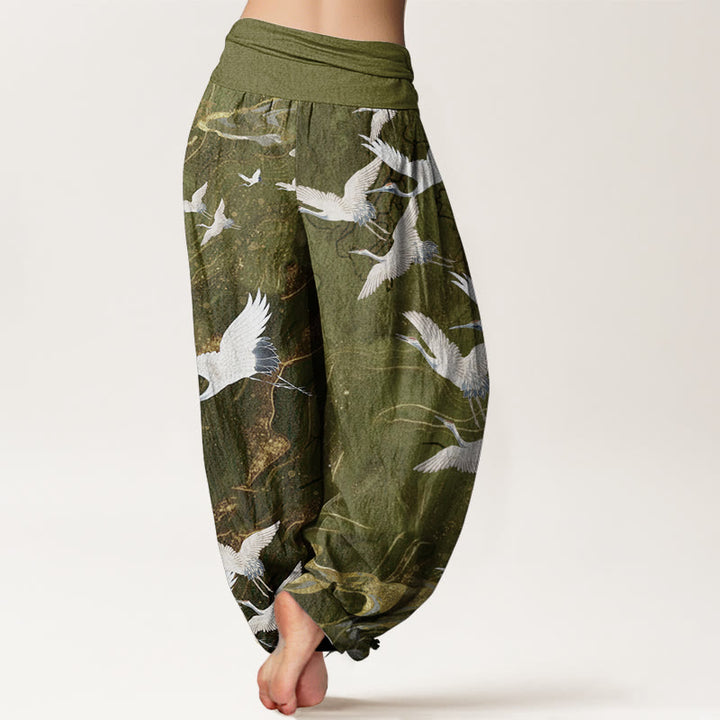 Buddha Stones Pure Cotton Flying White Cranes Auspicious Clouds Design Women's Elastic Waist Harem Pants