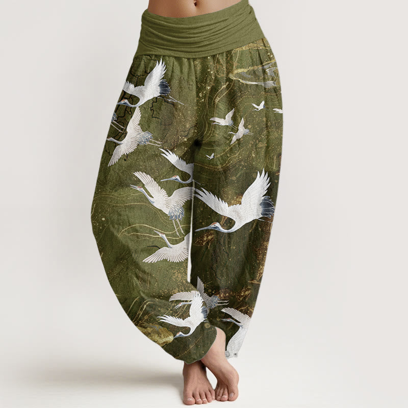 Buddha Stones Pure Cotton Flying White Cranes Auspicious Clouds Design Women's Elastic Waist Harem Pants