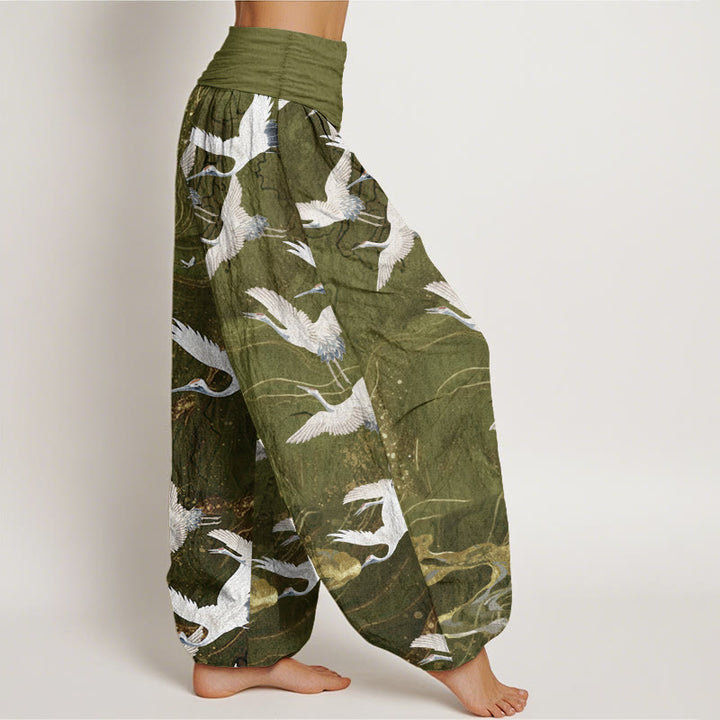 Buddha Stones Pure Cotton Flying White Cranes Auspicious Clouds Design Women's Elastic Waist Harem Pants
