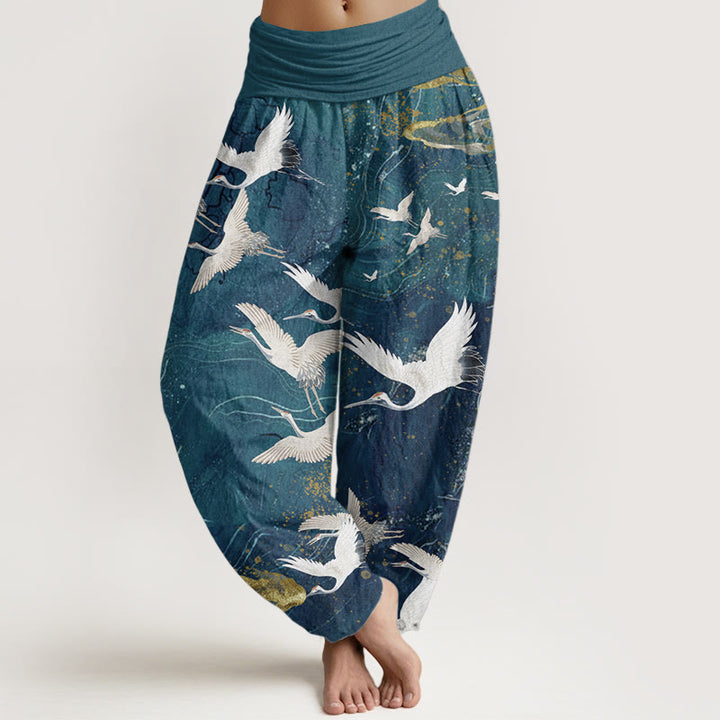 Buddha Stones Pure Cotton Flying White Cranes Auspicious Clouds Design Women's Elastic Waist Harem Pants
