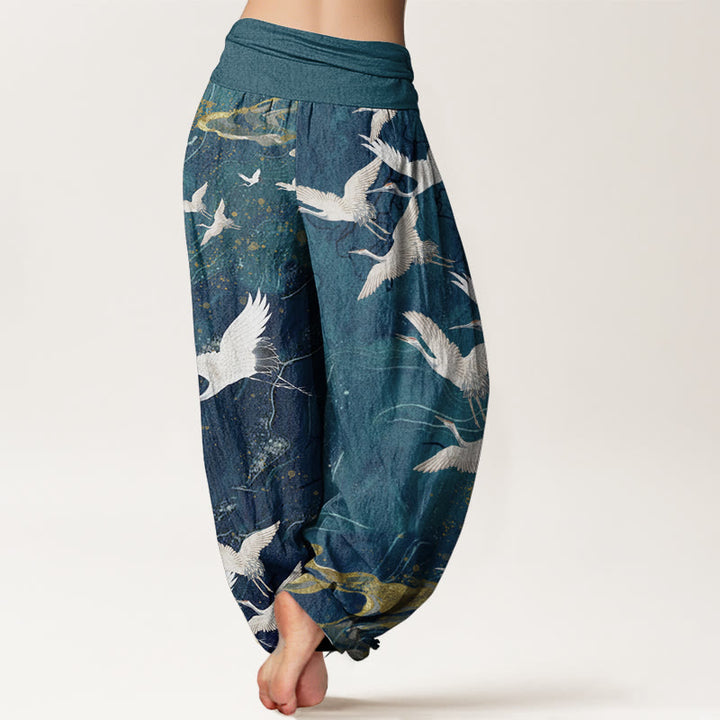 Buddha Stones Pure Cotton Flying White Cranes Auspicious Clouds Design Women's Elastic Waist Harem Pants
