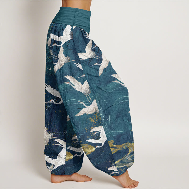 Buddha Stones Pure Cotton Flying White Cranes Auspicious Clouds Design Women's Elastic Waist Harem Pants