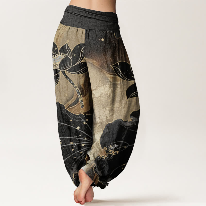 Buddha Stones Pure Cotton Casual Lotus Petal Pattern Women's Elastic Waist Harem Pants