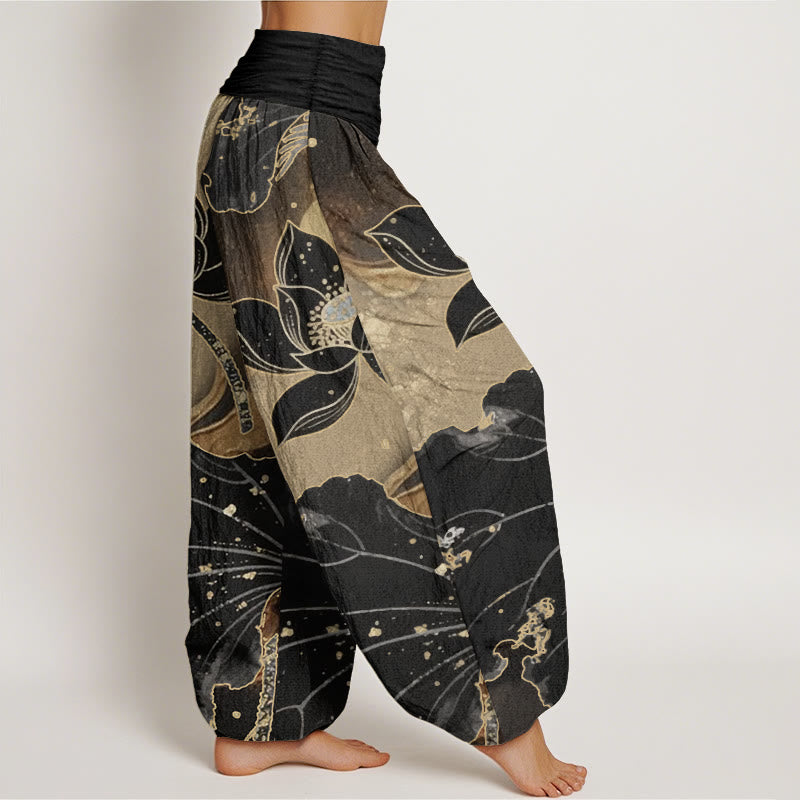 Buddha Stones Pure Cotton Casual Lotus Petal Pattern Women's Elastic Waist Harem Pants