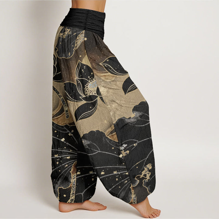 Buddha Stones Pure Cotton Casual Lotus Petal Pattern Women's Elastic Waist Harem Pants