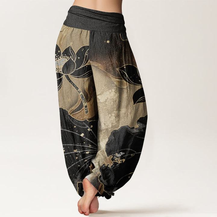 Buddha Stones Pure Cotton Casual Lotus Petal Pattern Women's Elastic Waist Harem Pants - image 1