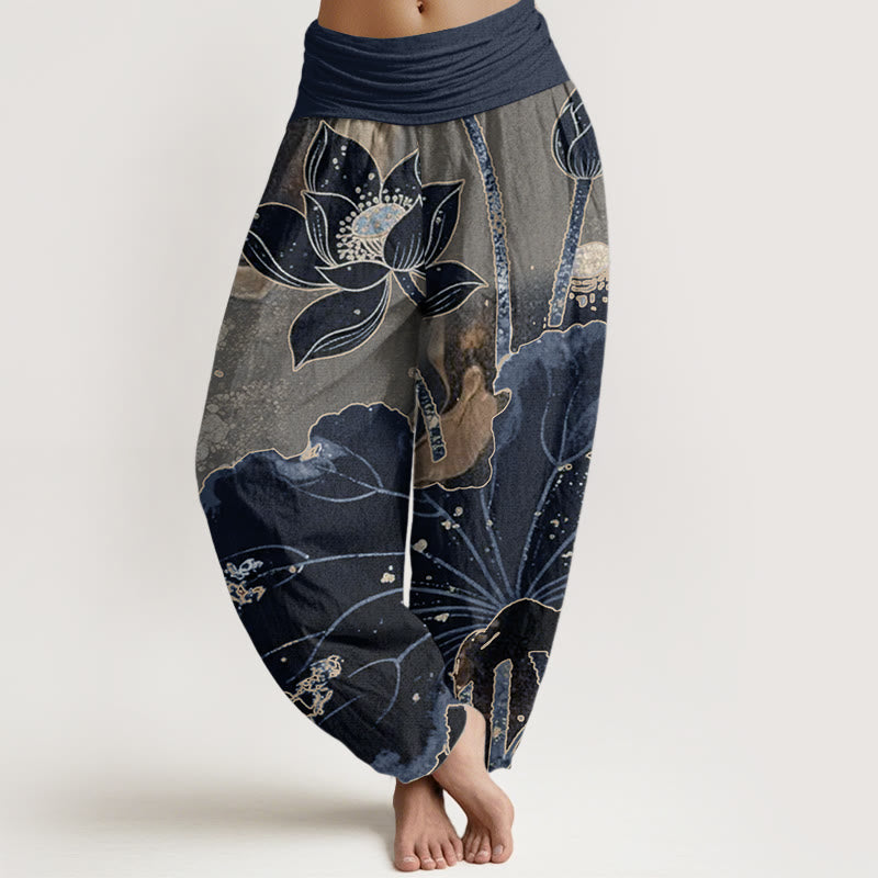 Buddha Stones Pure Cotton Casual Lotus Petal Pattern Women's Elastic Waist Harem Pants