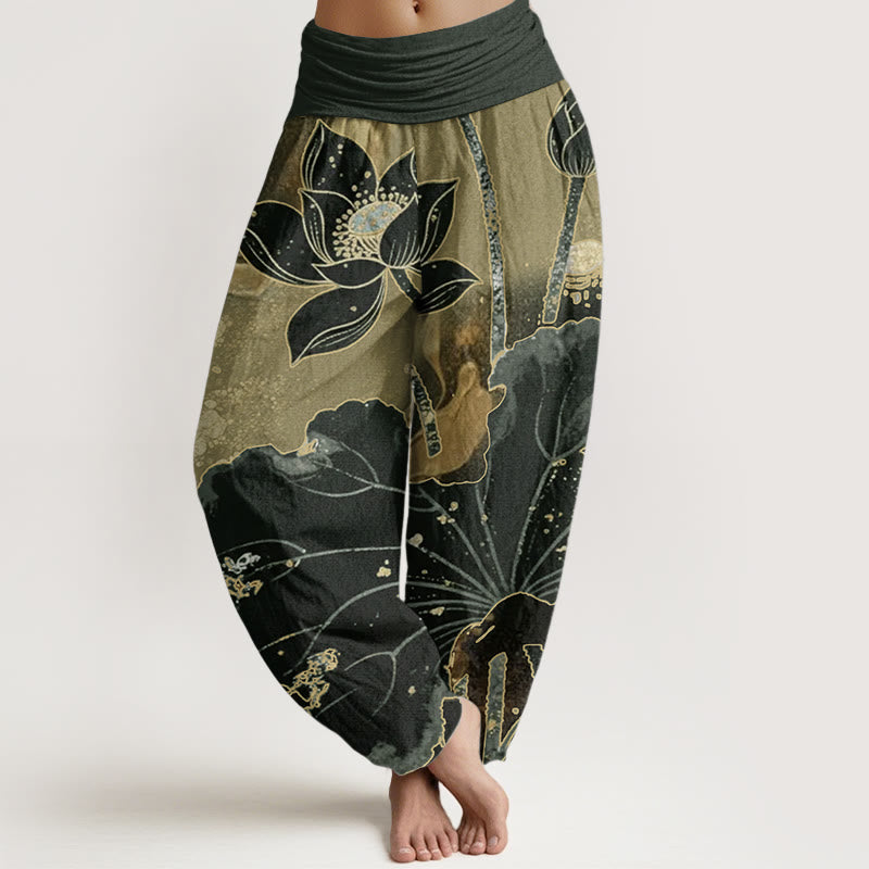 Buddha Stones Pure Cotton Casual Lotus Petal Pattern Women's Elastic Waist Harem Pants