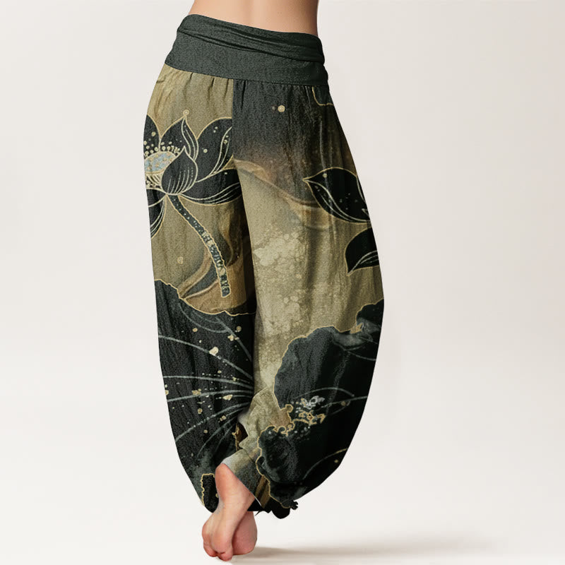 Buddha Stones Pure Cotton Casual Lotus Petal Pattern Women's Elastic Waist Harem Pants