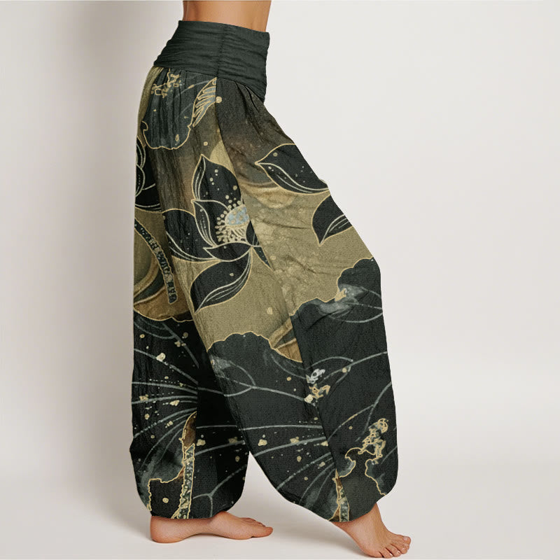 Buddha Stones Pure Cotton Casual Lotus Petal Pattern Women's Elastic Waist Harem Pants