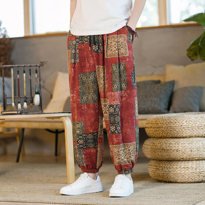 Buddha Stones Summer Square Patchwork Cotton Linen Men's Ankle-Length Harem Pants With Pockets - Red - US/UK/AU46，EU56 (5XL) - image 10