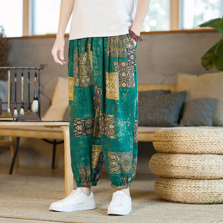 Buddha Stones Summer Square Patchwork Cotton Linen Men's Ankle-Length Harem Pants With Pockets - MediumAquamarine - US/UK/AU46，EU56 (5XL) - image 19