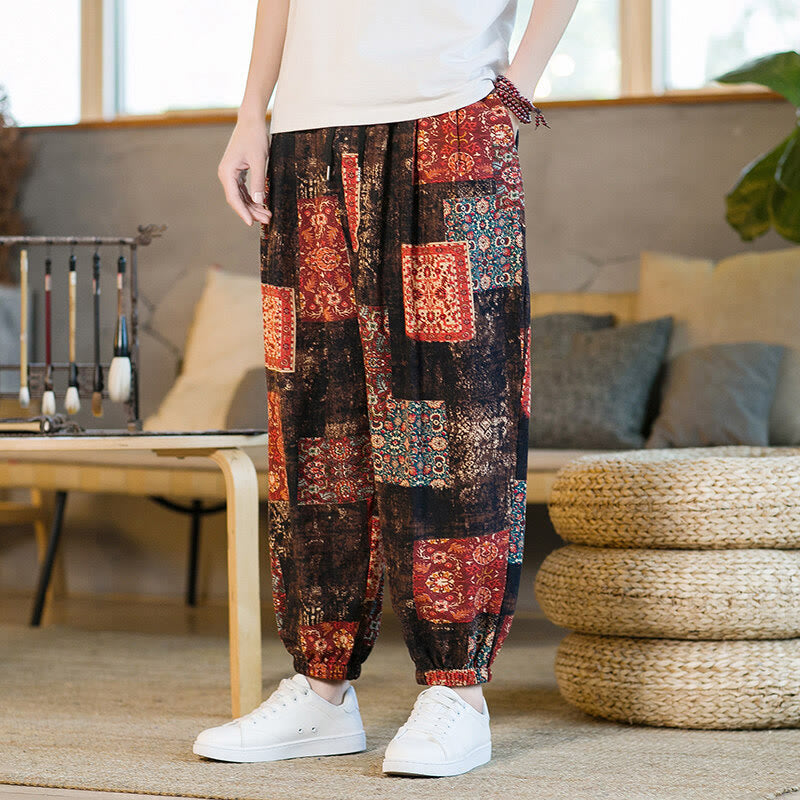 Buddha Stones Summer Square Patchwork Cotton Linen Men's Ankle-Length Harem Pants With Pockets - RosyBrown - US/UK/AU46，EU56 (5XL) - image 1