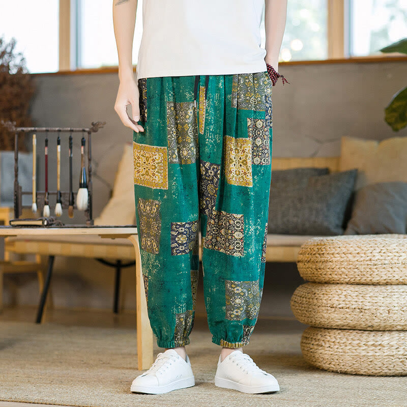 Buddha Stones Summer Square Patchwork Cotton Linen Men's Ankle-Length Harem Pants With Pockets - image 20