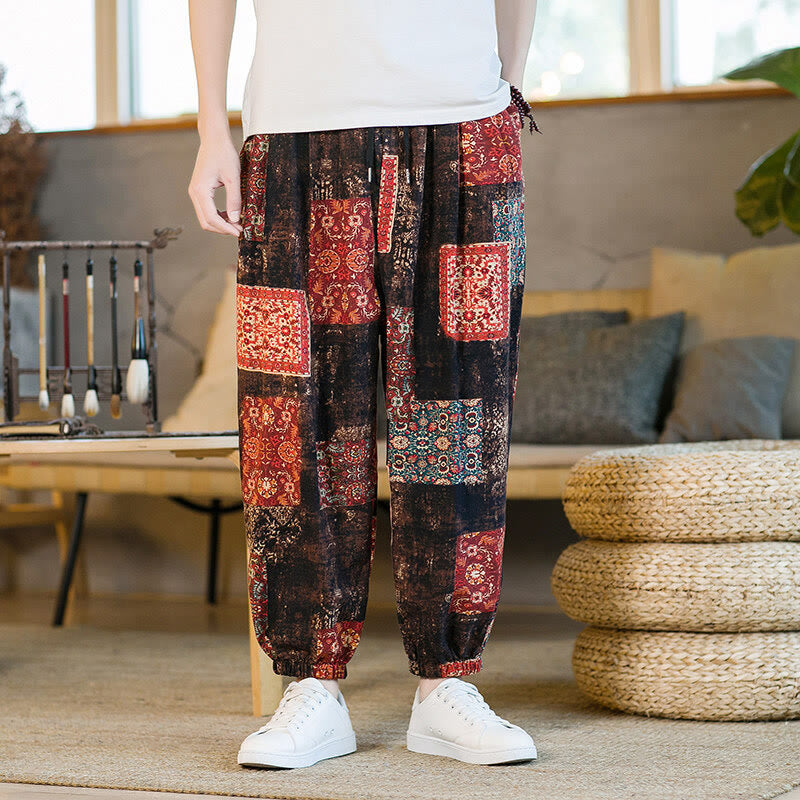 Buddha Stones Summer Square Patchwork Cotton Linen Men's Ankle-Length Harem Pants With Pockets - image 2