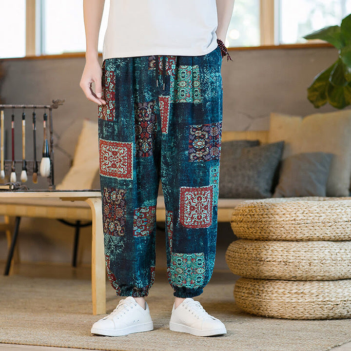 Buddha Stones Summer Square Patchwork Cotton Linen Men's Ankle-Length Harem Pants With Pockets - image 33