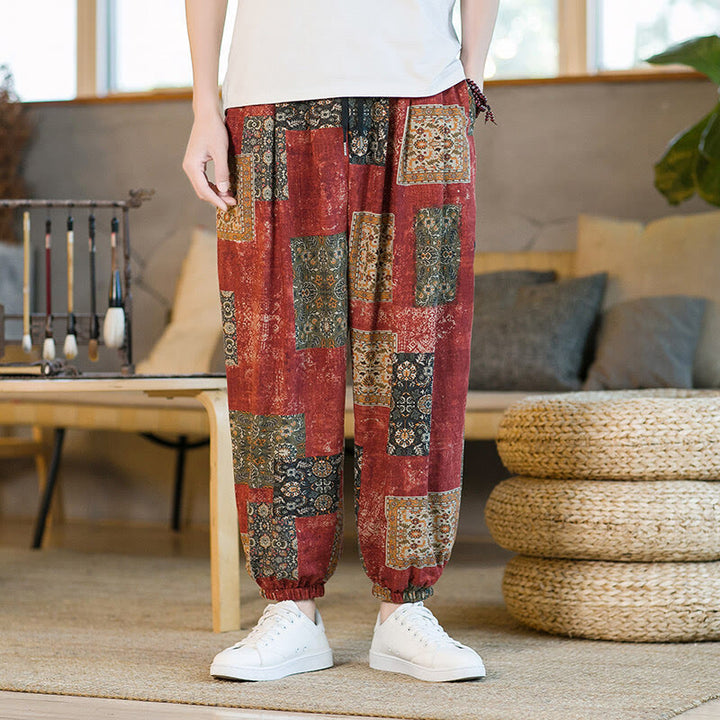 Buddha Stones Summer Square Patchwork Cotton Linen Men's Ankle-Length Harem Pants With Pockets - image 10