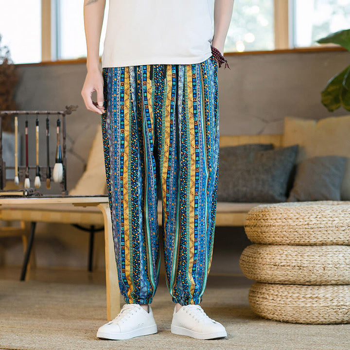 Buddha Stones Colorful Stripes Cotton Linen Men's Ankle-Length Harem Pants With Pockets - image 2