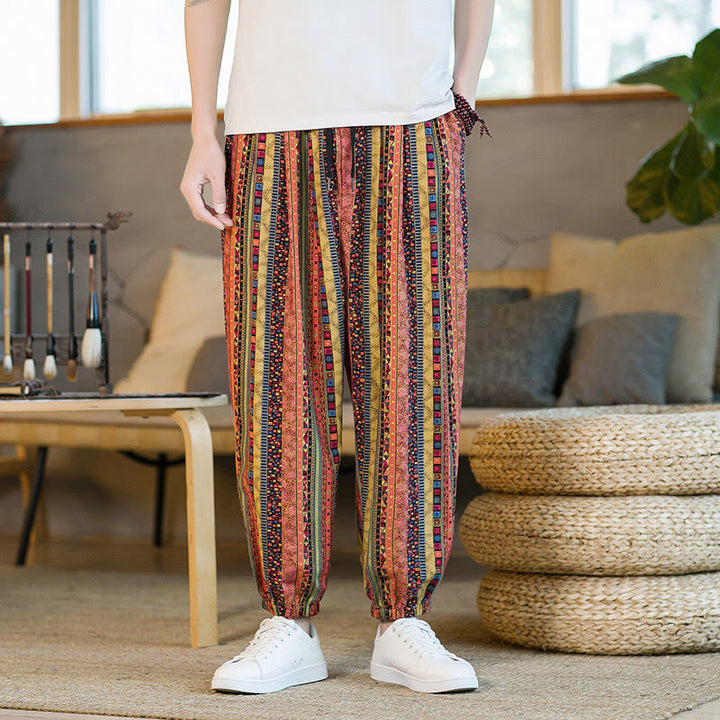 Buddha Stones Colorful Stripes Cotton Linen Men's Ankle-Length Harem Pants With Pockets - DarkSalmon - US/UK/AU46，EU56 (5XL) - image 11