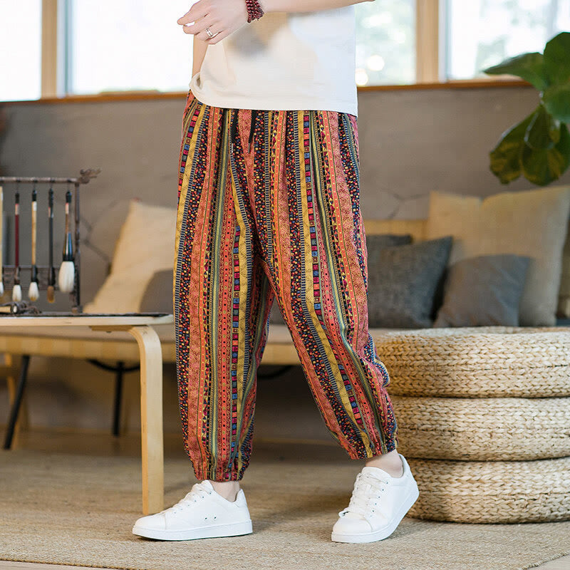Buddha Stones Colorful Stripes Cotton Linen Men's Ankle-Length Harem Pants With Pockets - image 13