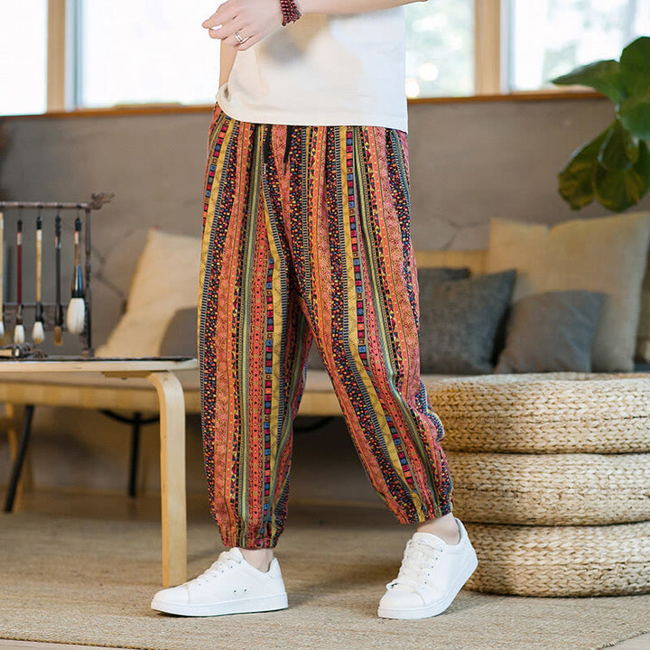 Buddha Stones Colorful Stripes Cotton Linen Men's Ankle-Length Harem Pants With Pockets - image 13