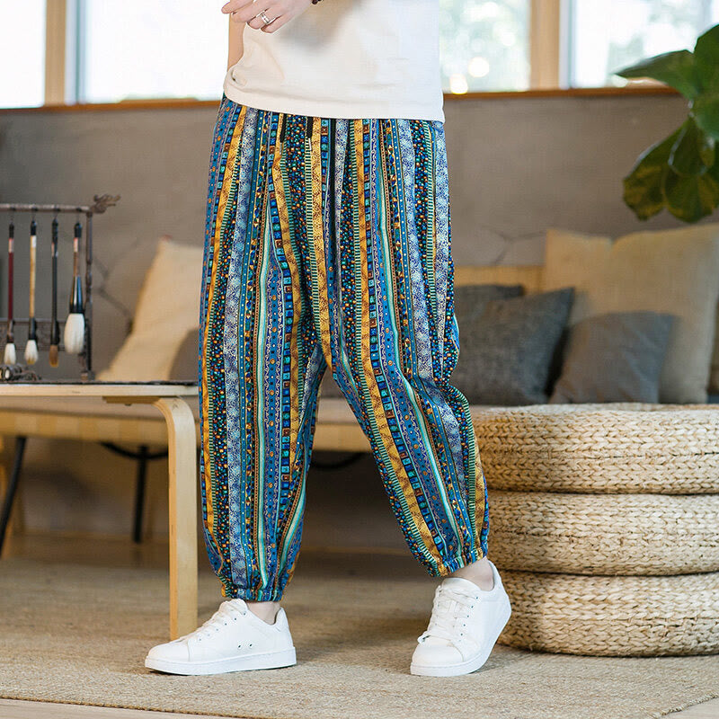 Buddha Stones Colorful Stripes Cotton Linen Men's Ankle-Length Harem Pants With Pockets - SkyBlue - US/UK/AU46，EU56 (5XL) - image 1