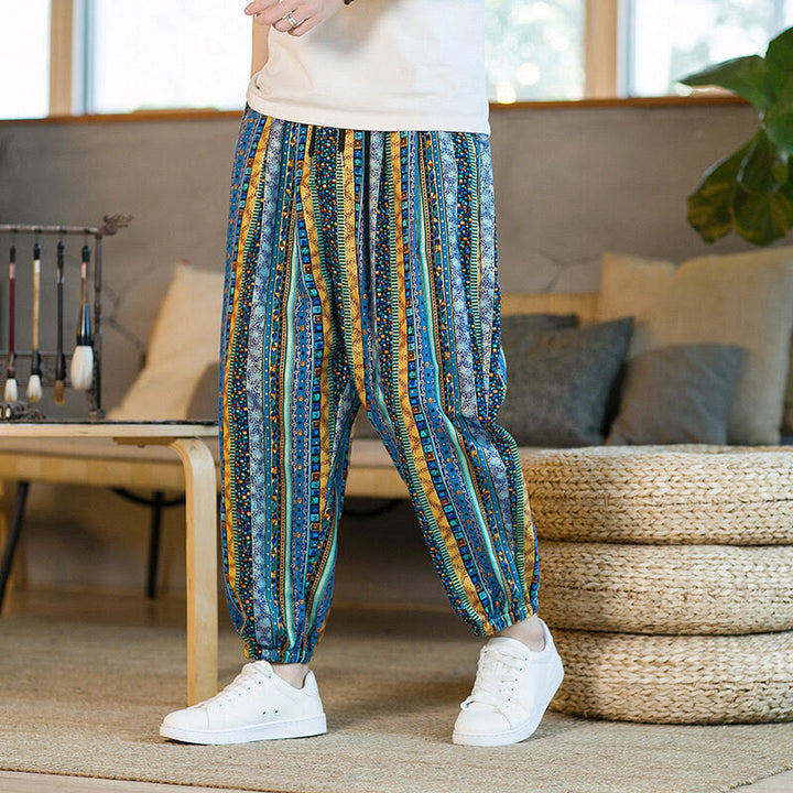 Buddha Stones Colorful Stripes Cotton Linen Men's Ankle-Length Harem Pants With Pockets - SkyBlue - US/UK/AU46，EU56 (5XL) - image 1
