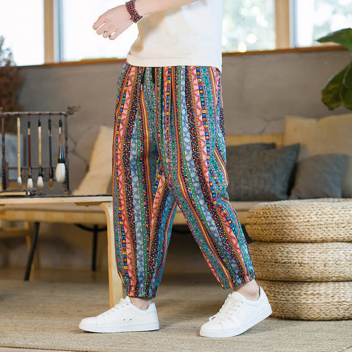 Buddha Stones Colorful Stripes Cotton Linen Men's Ankle-Length Harem Pants With Pockets - image 21