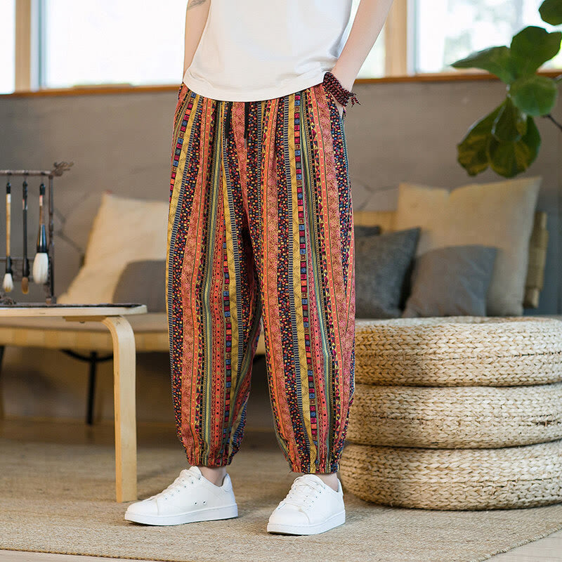 Buddha Stones Colorful Stripes Cotton Linen Men's Ankle-Length Harem Pants With Pockets - image 12