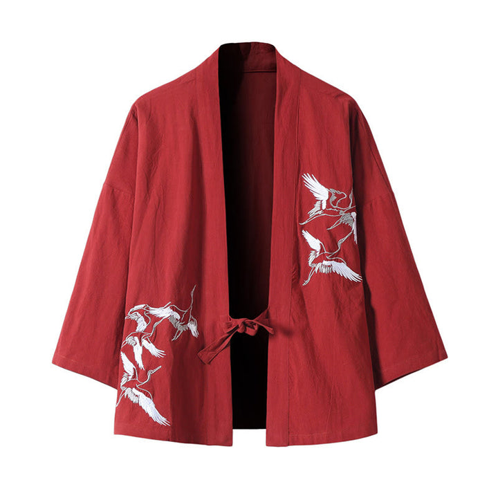Buddha Stones Embroidery Flying White Cranes Cotton Linen Open Front Jacket Men's Kimono - Red - US/UK/AU46，EU56 (5XL) - image 3