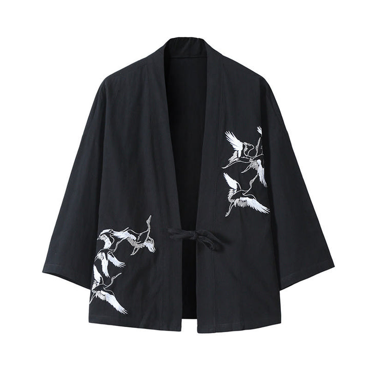 Buddha Stones Embroidery Flying White Cranes Cotton Linen Open Front Jacket Men's Kimono - Black - US/UK/AU46，EU56 (5XL) - image 14
