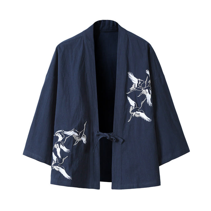 Buddha Stones Embroidery Flying White Cranes Cotton Linen Open Front Jacket Men's Kimono - SteelBlue - US/UK/AU46，EU56 (5XL) - image 16
