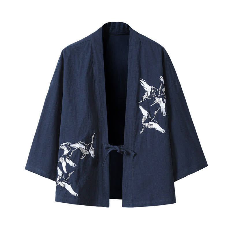 Buddha Stones Embroidery Flying White Cranes Cotton Linen Open Front Jacket Men's Kimono - SteelBlue - US/UK/AU46，EU56 (5XL) - image 15
