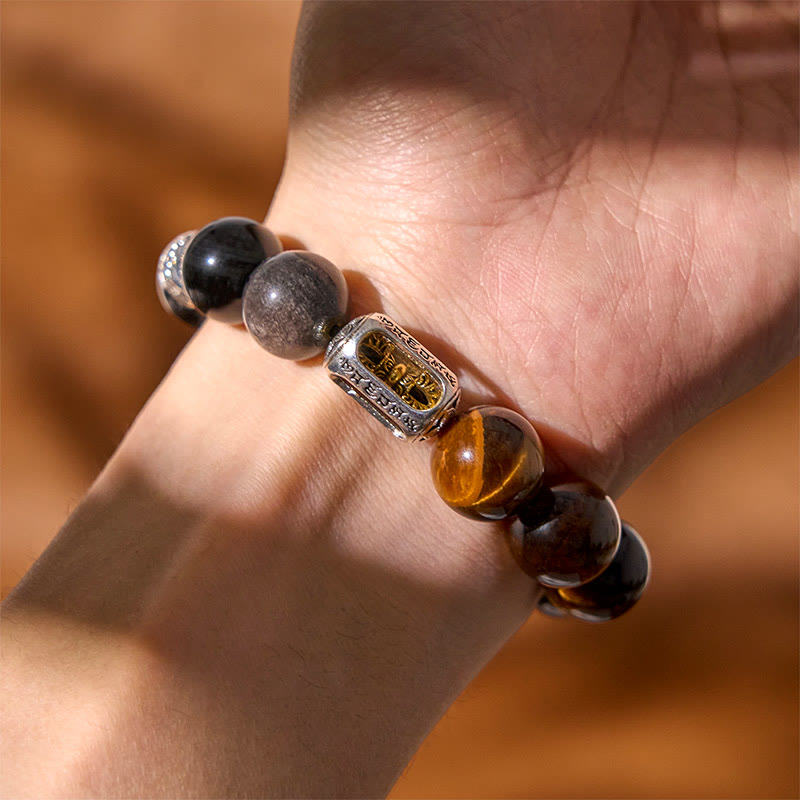 Buddha Stones Natural Silver Sheen Obsidian Tiger Eye Vajra Protection Bracelet
