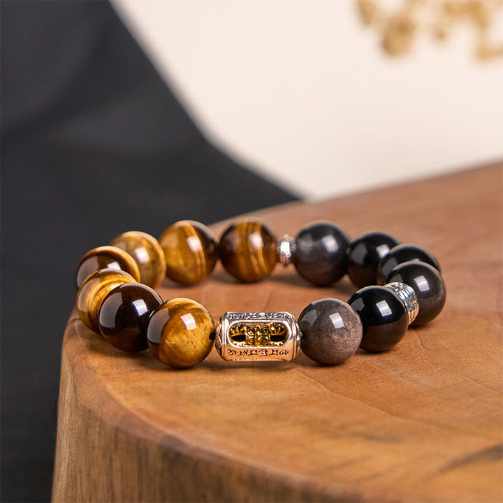 Buddha Stones Natural Silver Sheen Obsidian Tiger Eye Vajra Protection Bracelet