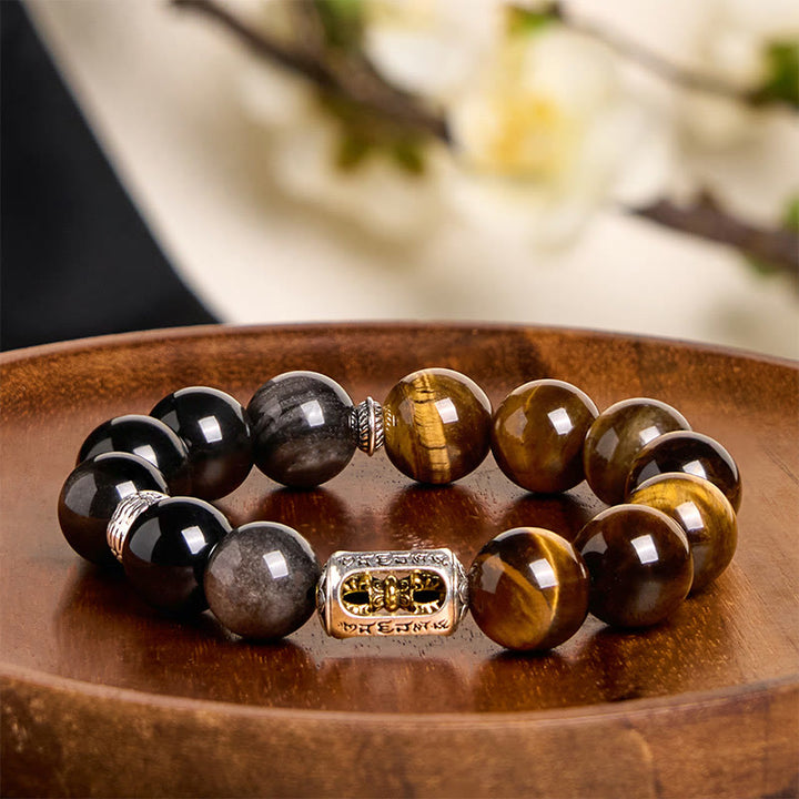 Buddha Stones Natural Silver Sheen Obsidian Tiger Eye Vajra Protection Bracelet