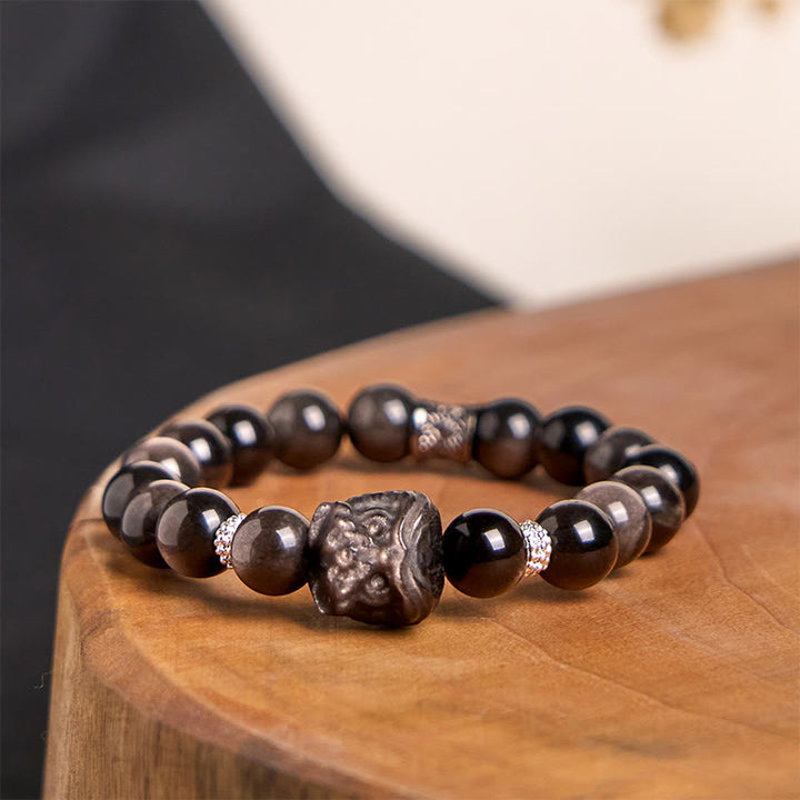 Buddha Stones Natural Silver Sheen Obsidian Lion Dance Protection Bracelet