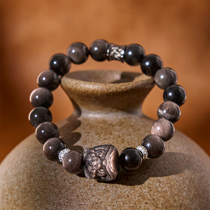 Buddha Stones Natural Silver Sheen Obsidian Lion Dance Protection Bracelet