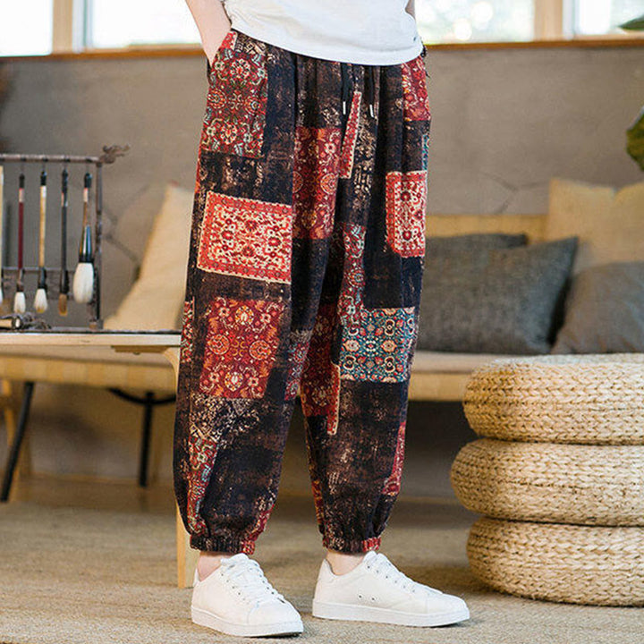 Buddha Stones Summer Square Patchwork Cotton Linen Men's Ankle-Length Harem Pants With Pockets - image 5