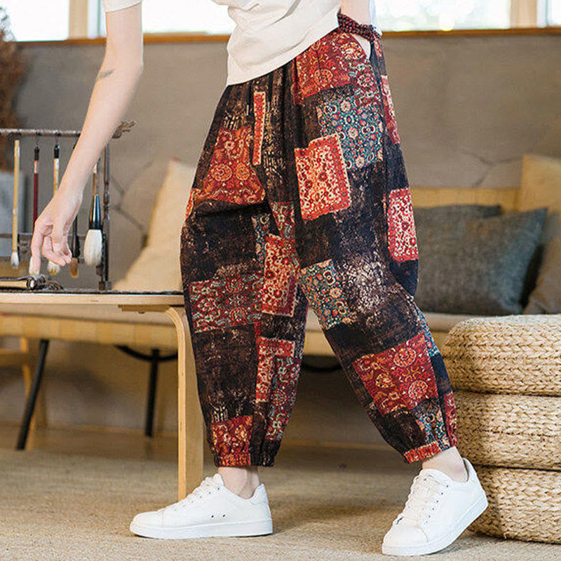 Buddha Stones Summer Square Patchwork Cotton Linen Men's Ankle-Length Harem Pants With Pockets - image 6