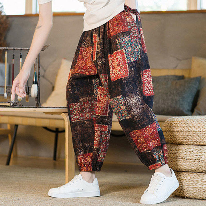 Buddha Stones Summer Square Patchwork Cotton Linen Men's Ankle-Length Harem Pants With Pockets - image 6
