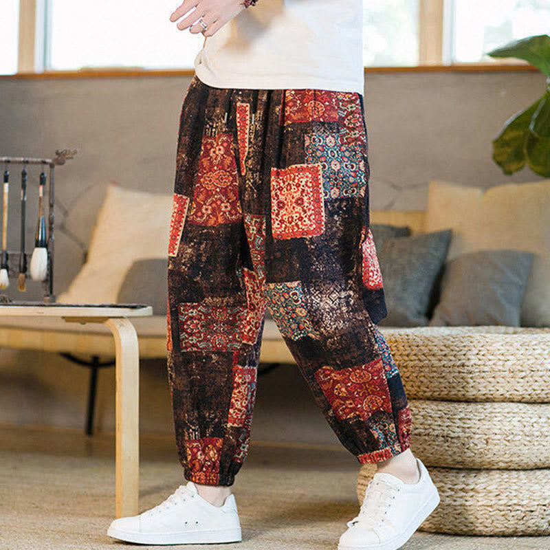 Buddha Stones Summer Square Patchwork Cotton Linen Men's Ankle-Length Harem Pants With Pockets - image 3