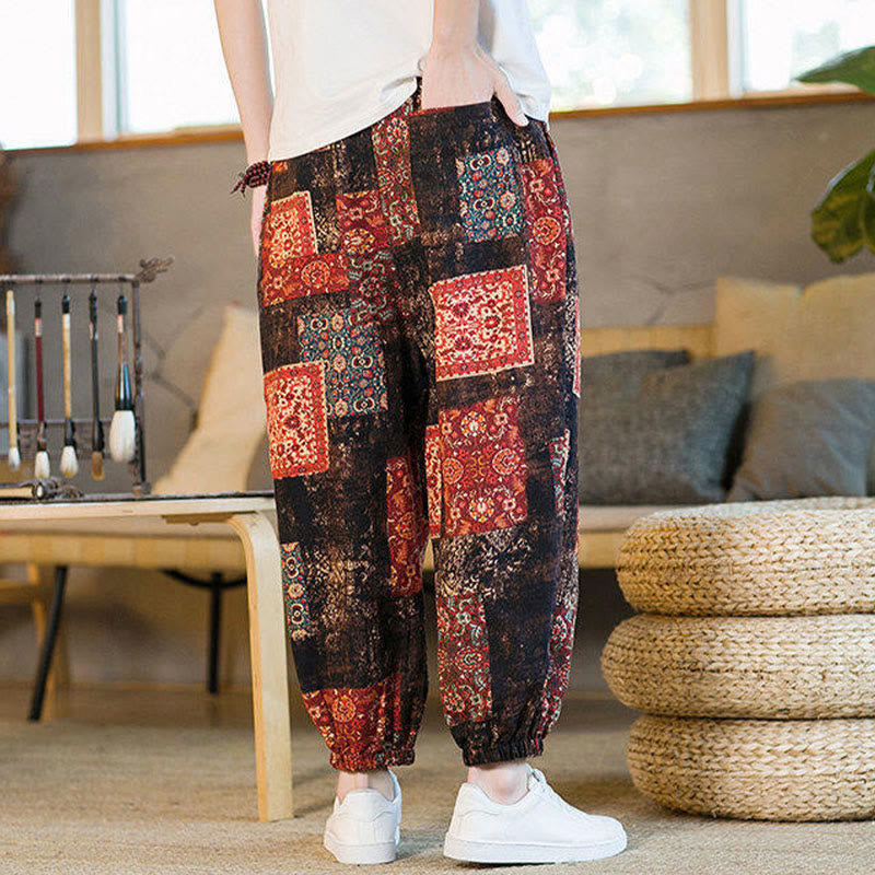 Buddha Stones Summer Square Patchwork Cotton Linen Men's Ankle-Length Harem Pants With Pockets - image 4