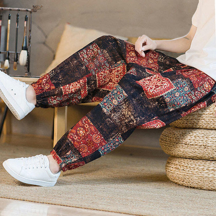 Buddha Stones Summer Square Patchwork Cotton Linen Men's Ankle-Length Harem Pants With Pockets - image 7