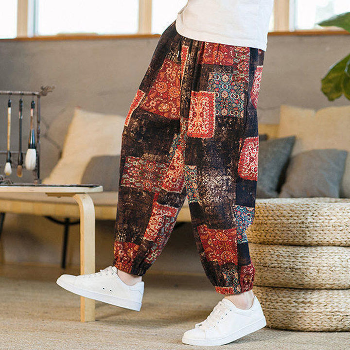 Buddha Stones Summer Square Patchwork Cotton Linen Men's Ankle-Length Harem Pants With Pockets - image 8